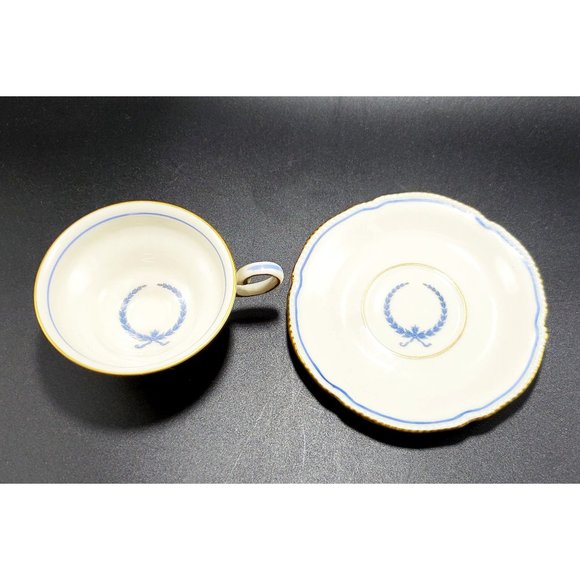 Castleton China Vintage EMPIRE Footed Tea Cup & Saucer Set Blue Wreath Gold Trim - Picture 4 of 10